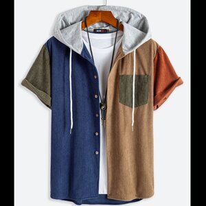 Alovha Corduroy Patchwork Short Sleeve Button Up Hoodie